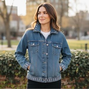 Y2K DON'T MESS W TEXAS DENIM JEAN JACKET GEM STUD ACCENTS WESTERN COWGIRL SZ XL